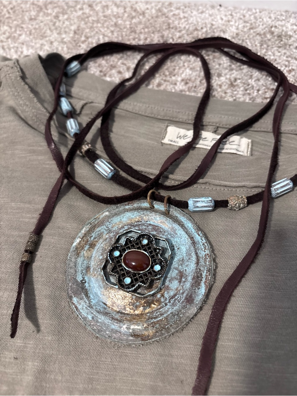 Artisan Turquoise Patina Leather Lariat Necklace with Rust Accent
